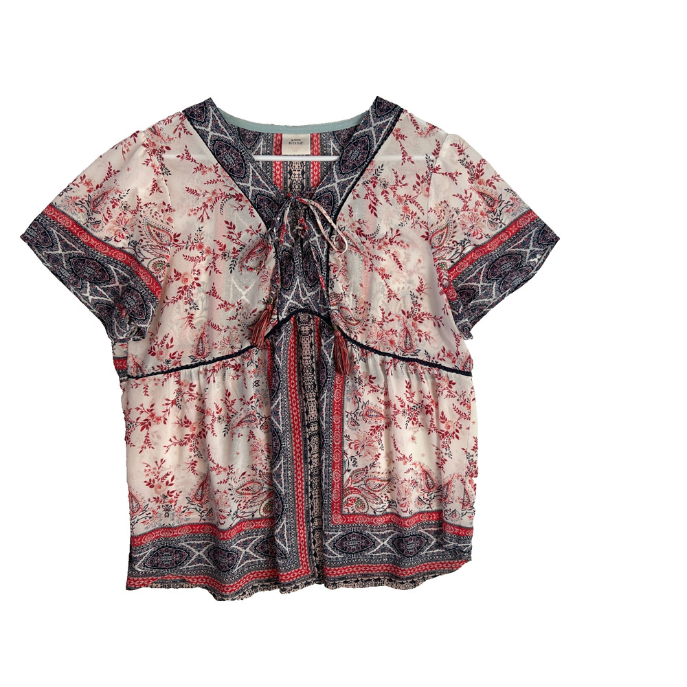 Knox Rose Blouse Women's  Boho Paisley Floral Peplum Tassel Tie Top